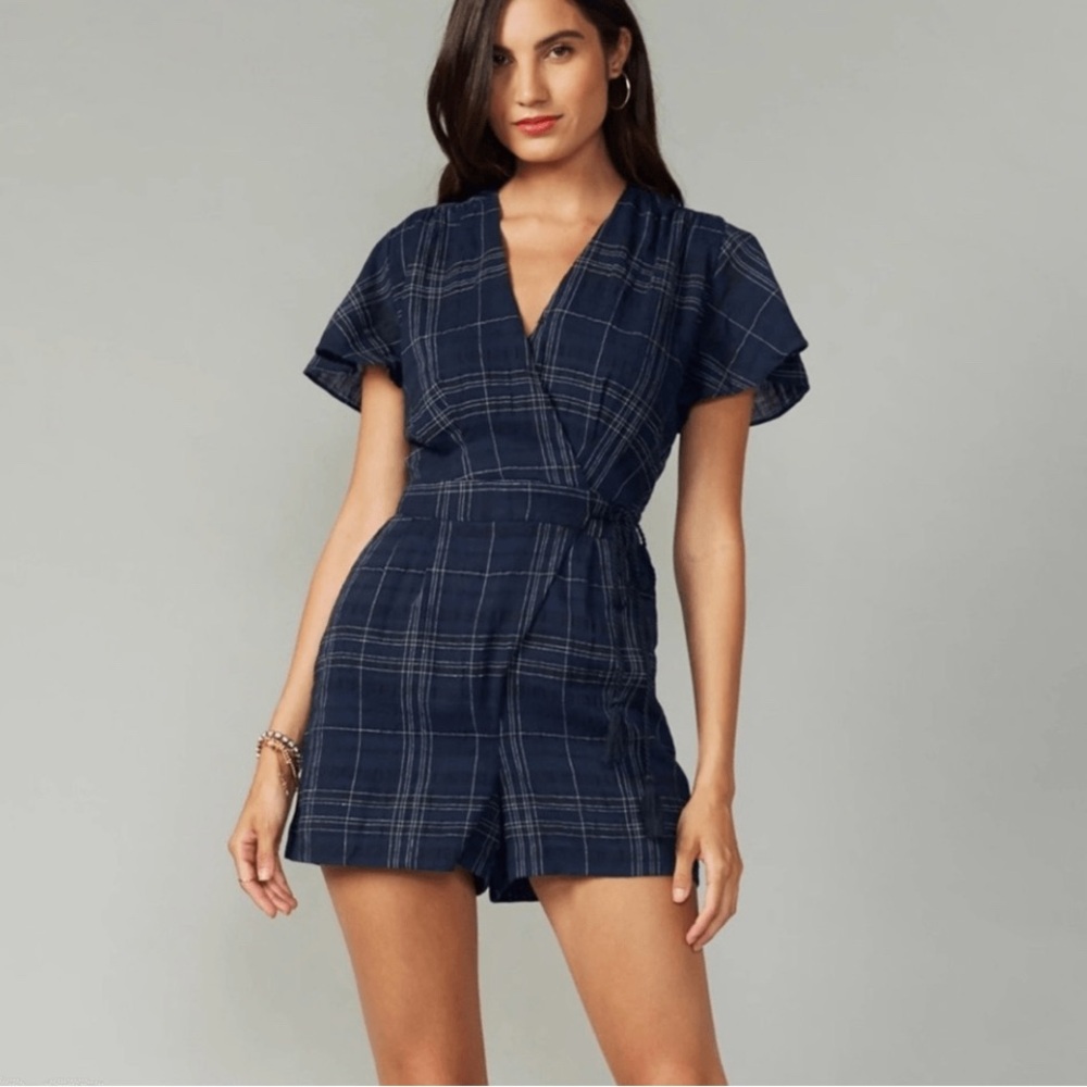 Anthropologie Kate Navy Plaid Wrap Romper